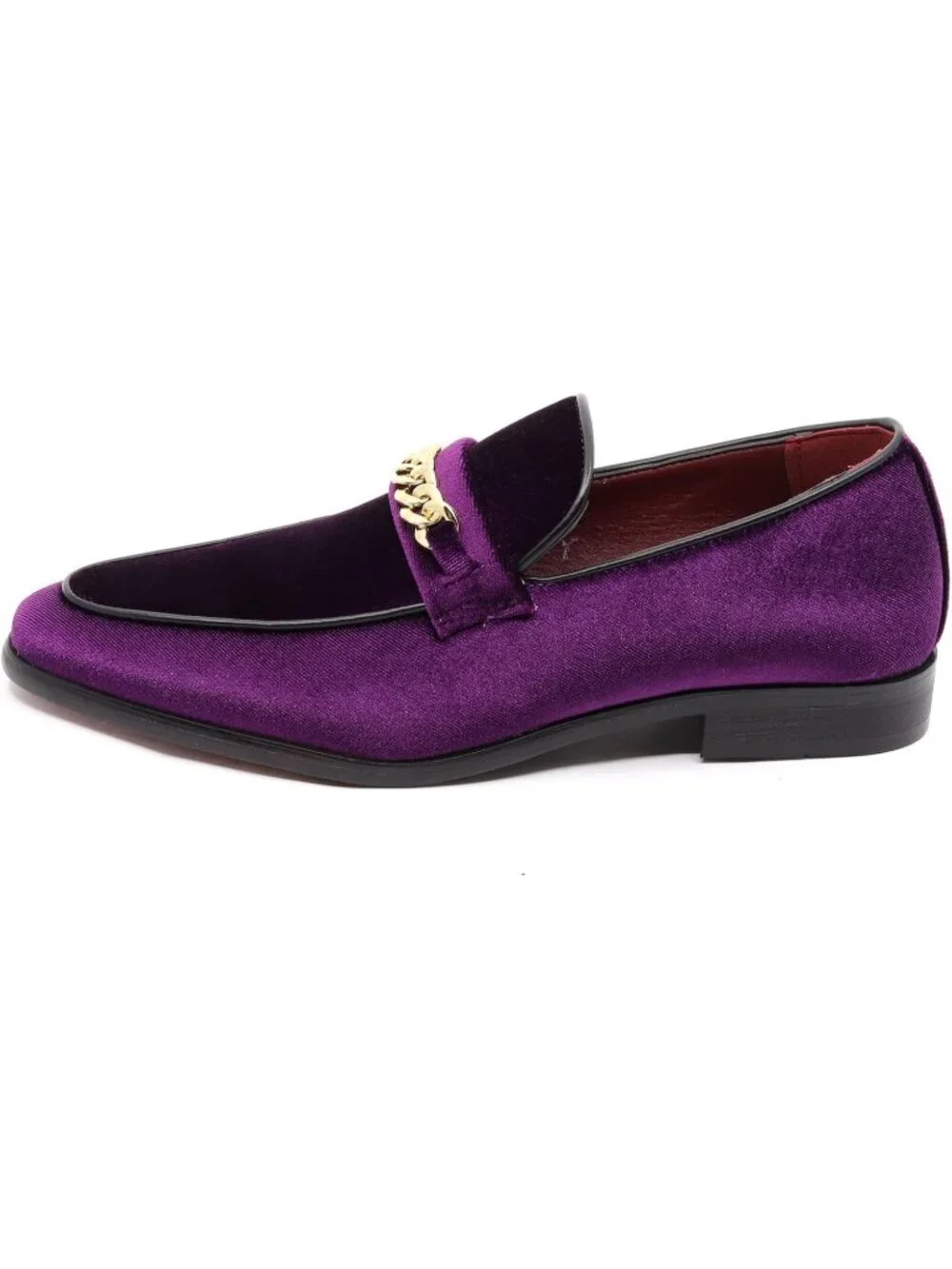 Metrocharm Men's Purple Vintage Velvet Loafers Gold Chain Buckle Slip On Shoes